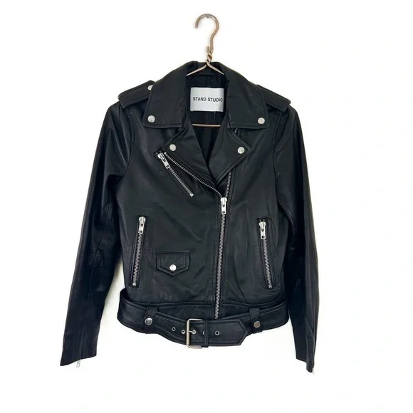 Stand Studio Polly Biker Black Leather Moto Jacket Womens 34 US XS 0 2 - Picture 2 of 12